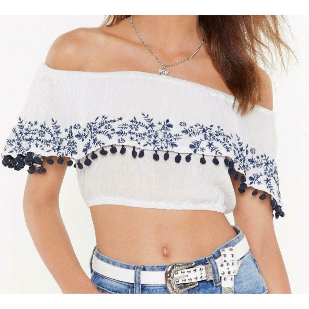 Nasty Gal M/L Embroidered Bardot Pom pom top - New